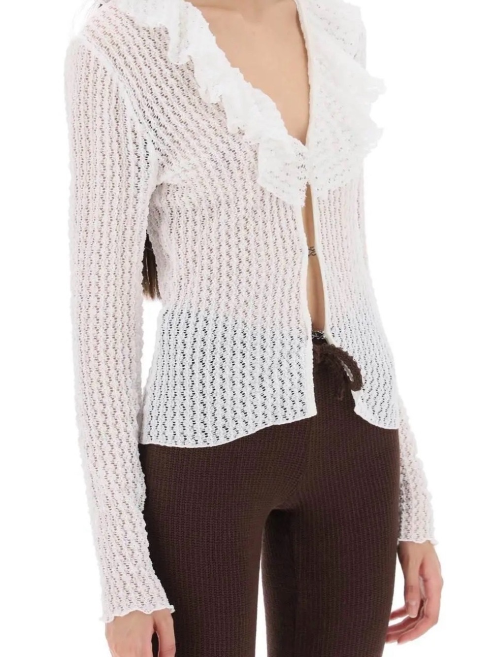 NWT SIEDRES Chloe White Ruffle Open Knit Lace Pointelle Cardigan Top